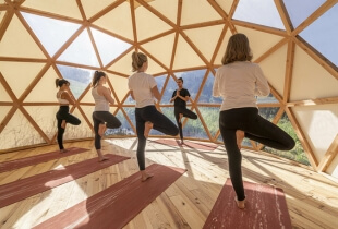 Cinq personnes en train de faire un cours de yoga dans l'un des dômes géodésiques en Suisse